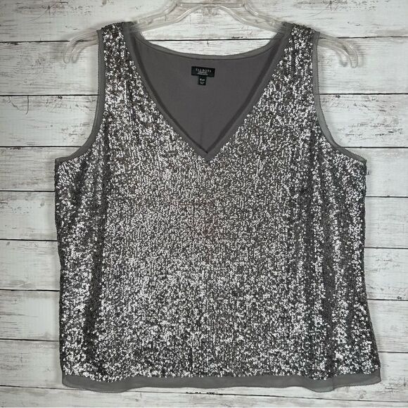 Talbots Silver Gray Gunmetal Bling Holiday Sequin V-Neck Cami Tank Sz 16WP - Picture 1 of 8